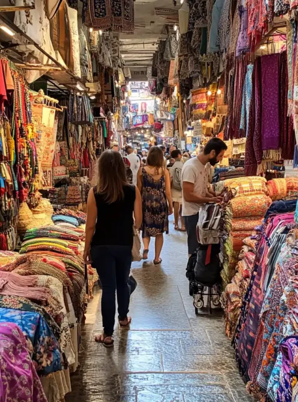 A bustling Turkish bazaar filled with vibrant fabrics