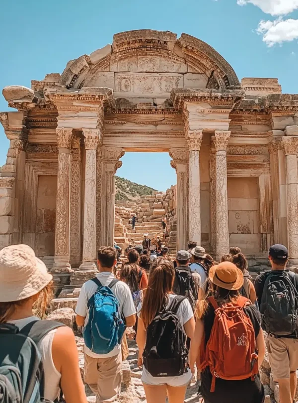 A group of travelers exploring ancient ruins in Turkey