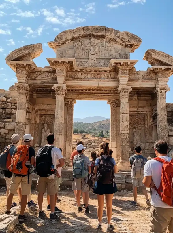 A small group of tourists with a guide exploring ancient ruins in Turkey