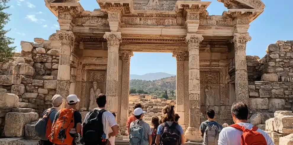 A small group of tourists with a guide exploring ancient ruins in Turkey