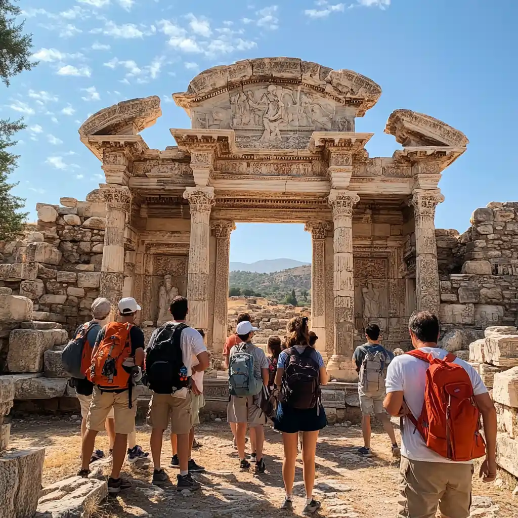 A small group of tourists with a guide exploring ancient ruins in Turkey