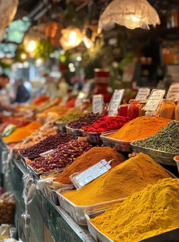 A vibrant Turkish market with colorful spices, fresh fruits, and street food stalls, showcasing the culinary delights of Turkey.