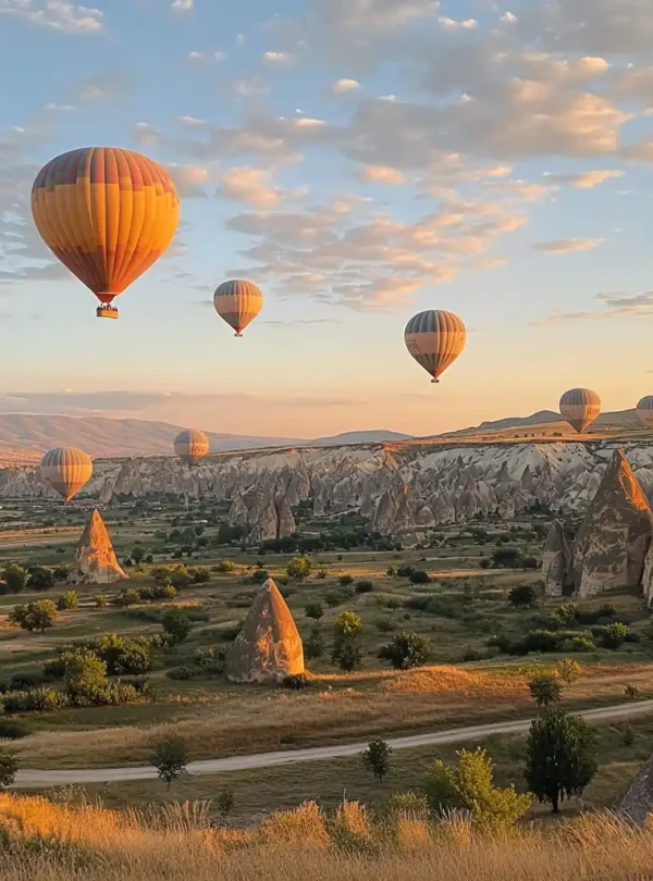 Colorful hot air balloons floating over the fairy chimneys and valleys of Cappadocia at sunrise