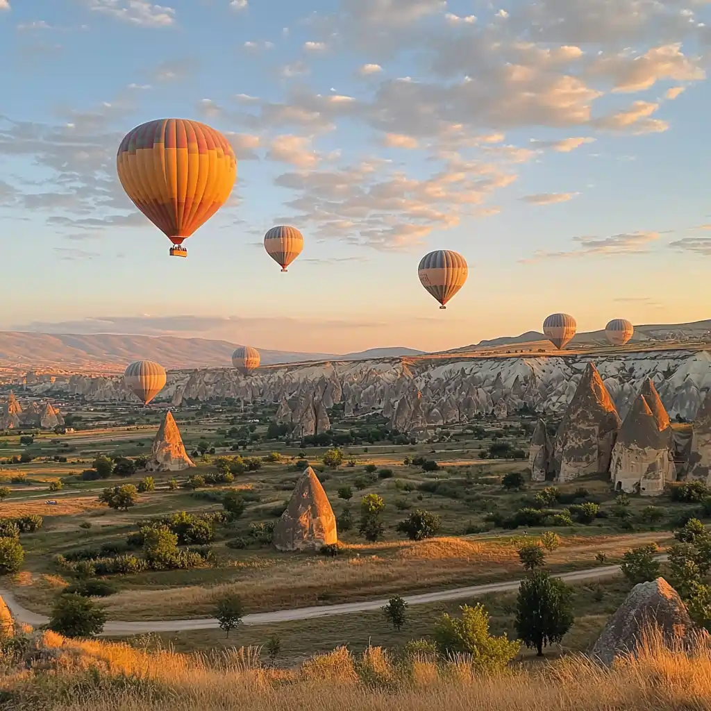 Colorful hot air balloons floating over the fairy chimneys and valleys of Cappadocia at sunrise