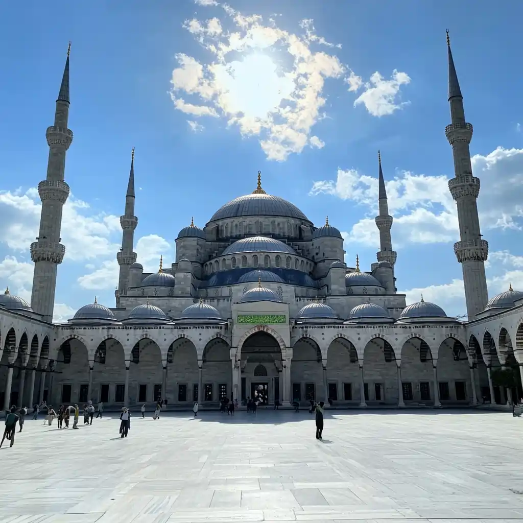 Travelers visiting the stunning Blue Mosque in Istanbul